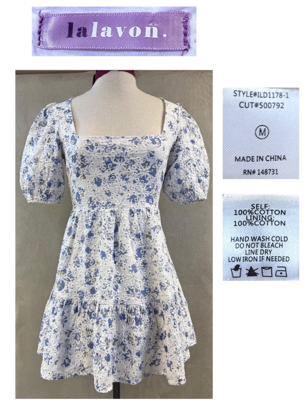 Lalavon Blue White Floral Eyelet Puff Sleeve Square Neck Mini Dress Size M